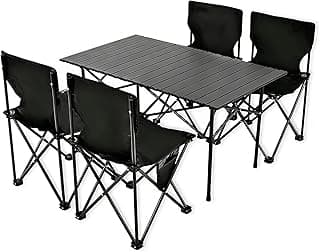 Camping Table Folding Portable Camp Table with 4 Chairs, Folding Picnic Table with Carry Bag Indoor Outdoor for Camping, Beach, Patio, RV, Backyard BBQ, Sturdy, Stable, Easy to Carry, Black
