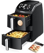 12QT Large Double Air Fryer, Family-Size Dual Airfryer with 2 Baskets, SyncHeat Even Heating, Stacked Compact Design, Smart Finish & Match Cook, PFAS-Free Nonstick, Dishwasher-Safe, Black