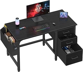 Lufeiya Computer Desk with File Drawers Cabinet, 47 Inch Reversible Home Office Desks with Filing Cabinet for Small Space, Gaming Study Writing Table PC Desks, Black