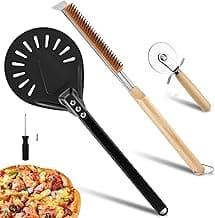 Pizza Oven Accessories Kit w/Pizza Oven Brush & Stone Scraper, 7.8inch Aluminum Perforated Long Handle Nonstick Pizza Turning Peel Cutter Wheel for Outdoor Homemade Baking Pizzas