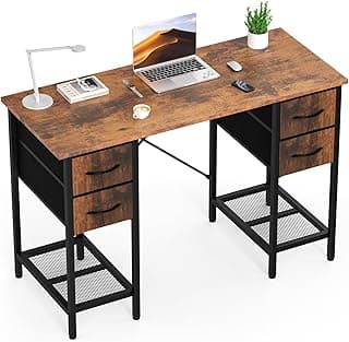 Sweetcrispy Computer Desk with Drawers, 47 Inch Home Office Bedroom Table with 4 Fabric Drawers & 2 Mesh Storage Shelves, Wood Table with X-Shaped Structure for Writing Study PC Desk, Brown