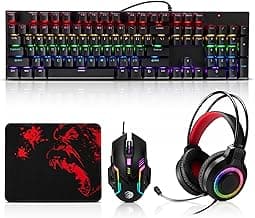 Gaming Mechanical Keyboard and Mouse and Mouse pad and Gaming Headset, Wired LED RGB Backlight Bundle for PC Gamers and Xbox and PS4 Users - 4 in 1 Edition