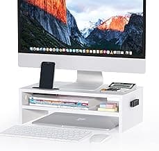 BONTEC Wooden Monitor Stand Riser, 2-Tier Desk Shelf with Storage Organizer, Ergonomic Computer Stand with Cable Management, Cellphone Holder, White, 16.5 Inch