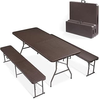 VINGLI Picnic Table Set with 2 Benches, 6 Feet Camping Table Chair Set, 3-Piece Folding Furniture for Indoor or Outdoor Use, Rattan Patterned Tabletop, Brown