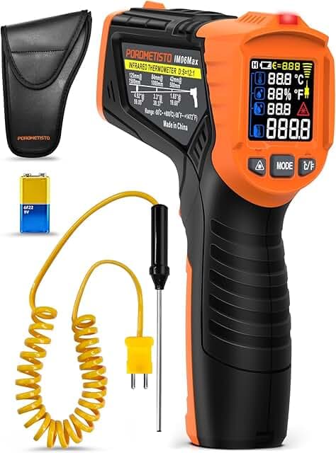 4 in 1 Temperature Gun POROMETISTO 4 Types of Alarm Setting,-58-1472°F Measure Infrared/Ambient Temperature Humidity Infrared Thermometers,Industrial Laser Thermometer Gun with K-Type Probe
