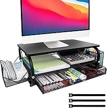 Desk Organizers and Accessories Monitor Riser, Monitor Stand with Drawer (2-Tier Drawers) with Large Side Storage Rack & Cable Management,66LBS/30KG, Office Organization, Black
