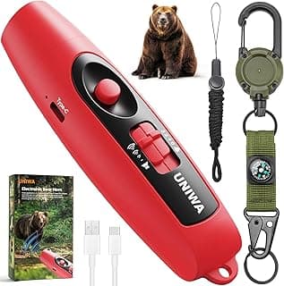 UNIWA Electronic Air Bear Horn, 120±5 dB Loud Air Horn for Safety Hiking Camping Emergency Whistle with Compass & Thermometer, Bear Horn to Scare Bears - Self Defense for Hiking -Red