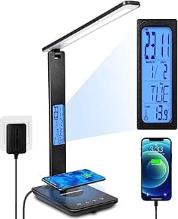 LED Desk Lamp with Wireless Charger, Suitable for Home, Office Dimmable, with USB Charging Port, Built-in Clock, Calendar, Thermometer and Automatic Timing Reading Desk Lamp.