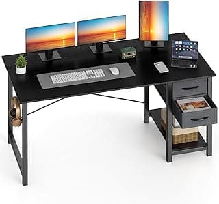 Sweetcrispy 47 Inch Computer Desk with Drawers for Home Office, Writing Desk with X-Shaped Reinforcement, Wood Table with Adjustable Position Drawers, Modern Study Work Table with Side Hook, Black