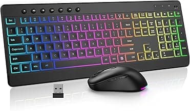EDJO Wireless Keyboard and Mouse Combo, 10 Backlit Effects, Rechargeable 2.4GHz Silent Full-Size Light Up USB Keyboard with 6 Button RGB Mouse for Laptop, Computer, PC