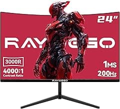 24 inch Curved Gaming Monitor 200Hz/180Hz 1ms,FHD 1920×1080P,4000:1 Contrast Ratio,with FreeSync & Eye-Care, Support DP, HDMI,USB,3.5mm Port for Gaming Home Office,Wall Mount Install