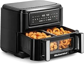 Elite Gourmet Dual Zone Air Fryer Oven 11QT, Dual Basket Air Fryer with Divider, Sync Finish & Sync Cook, PFAS Free Nonstick, 10 Presets, Air Fry Bake Roast Broil Toast Dehydrate, 1600W Black