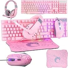 Pink Gaming Keyboard and Mouse Headset Headphones and Mouse pad, Wired LED RGB Backlight Bundle Pink PC Accessories for Gamers and Xbox and PS4 PS5 Nintendo Switch Users - 4in1 Edition Hornet RX-250