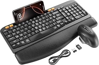 Wireless Keyboard and Mouse Combo, Ergonomic Wave Keys, Cushioned Palm Rest, Rechargeable, Phone Holder, Natural Typing, 2.4G Lag-Free, MA22 Plus Full Size Keyboards Set for Windows/Mac -SABLUTE