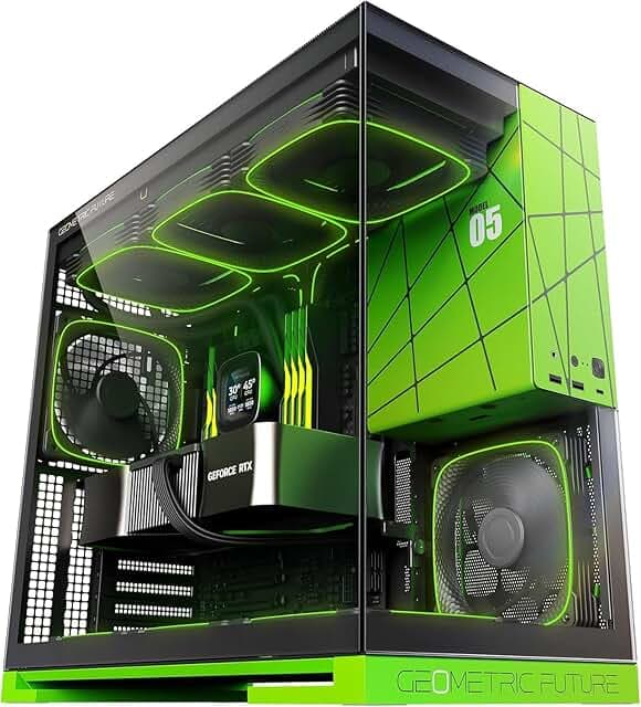 Geometric Future M5 Tempered Glass Mid Tower, E-ATX/ATX Gaming Case, 1.2mm Steel, Type C, Toolless Panels, Support 420/360 Radiator, ARGB PWM 140m Fan x 5 Pre-Installed, Black/Green, GEO-M5F-BNY