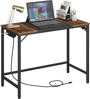 HOOBRO Computer Desk, Home Office Desk with Power Outlet, Modern Study Writing Desk with 3 Hooks for Study Room, Home Office, Sturdy and Stable, Easy to Assemble, Rustic Brown and Black BF40UDN01