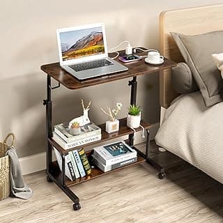 31.5''Standing Desk Small Computer Desk,Small Office Desk for Bedroom with 3 USB + 2 AC Outlets,Corner Desk for Small Space,Mini Adjustable Desk Stand Up Desk Laptop Desk,Portable Rolling Desk,Brown