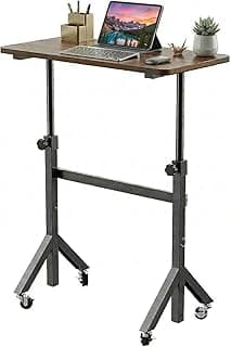 HUANUO 32'' Small Standing Desk with Wheels,28.7"-46.1" Heigh Adjustable Portable Rolling Desks,Mobile Stand Up Desk for Walking Pad and Treadmill,Sit to Stand Computer Workstation for Bedroom,Walnut