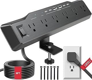 Desk Clamp Power Strip Surge Protector, 6 Outlets, Flat Plug, 1800J, 4 USB-C Ports (Any Port 35W), for Home & Office, Flame-Retardant PC-ABS Housing, Fits 1.96" Desk Edge, Black