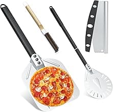Yofuly 4PCS Pizza Oven Accessories, 12 Inch Perforated Pizza Peel, 9 Inch Round Turning Peel, Pizza Stone Cleaning Brush with Scraper, Rocker Cutter, Homemade Pizza Supplies Tools Kit
