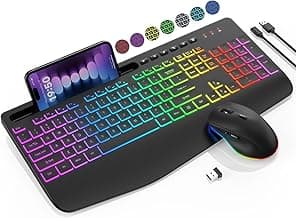 Wireless Keyboard and Mouse Combo - 9 Backlit Effects, RGB, Ergo Wrist Rest, Phone Holder, 2.4G Full Size, Rechargeable, Sleep Mode, KM22 MAX Quiet Set for Computer, PC, Laptop, Mac, Windows- SABLUTE