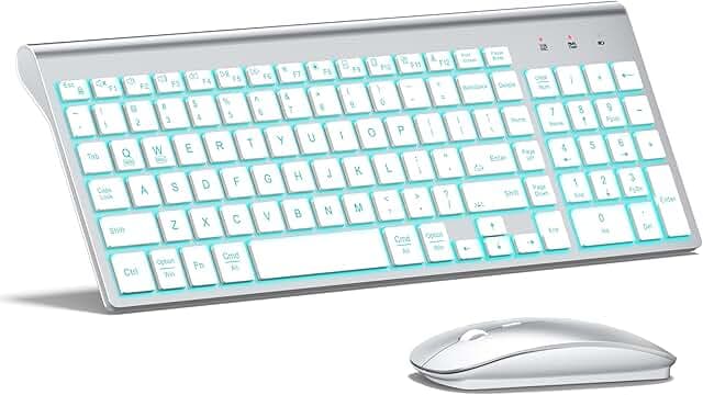Wireless Keyboard and Mouse Ultra Slim Combo, TopMate 2.4G Silent Compact USB 2400DPI Mouse and Scissor Switch Backlit Keyboard Set, for PC/Laptop/Windows/Mac/Gaming - Silver White
