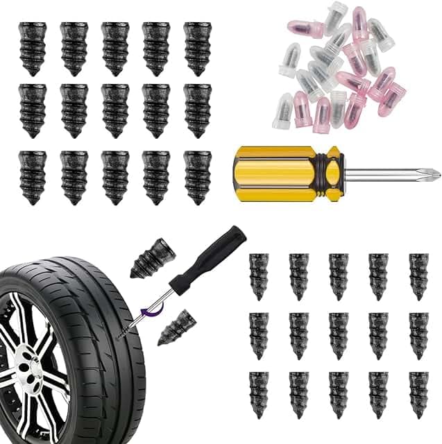 Tire Repair Rubber Nail Kit with 2 Sizes, 2026 New Vacuum Screw in Plugs for Tubeless Tires, Fast Self-Service Tire Repair Tools for Car, Motorcycle, Truck, Tractor with Screwdriver (30)