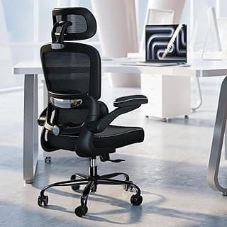 TRALT Ergonomic Office Chair - Desk Chair with Adjustable Headrest Lumbar Support Computer Chair - Mesh Comfy Chair with Flip-up Armrests - Gaming Chairs for Adults Home Office (Leather, Black)