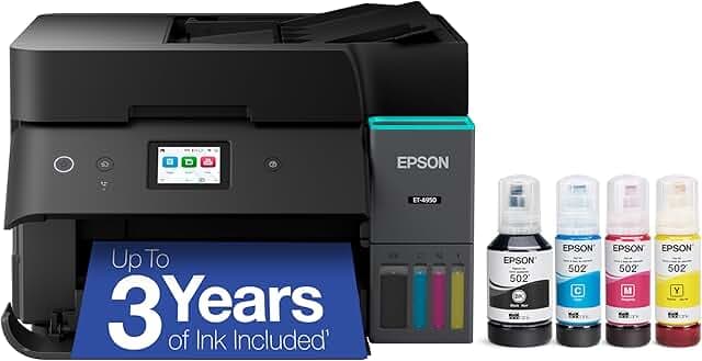 Epson EcoTank ET-4950 Wireless All-in-One Color Supertank Printer with up to 3 Years of Ink Refillable Tanks, Perfect for Home, 18 PPM, 2.4" Colorful Touchscreen, Auto Document Feeder - Black