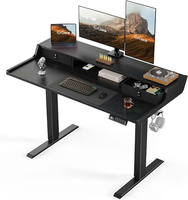 ErGear Electric Standing Desk with Drawers, 48″ x 24″ Gaming Table Compatible Monitor Stand, Stand up Desks, Home Office Height-Adjustable Desk with Storage Shelf, 4 Preset Heights, Black