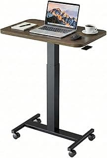 HUANUO Small Rolling Laptop Standing Desk, Height Adjustable Mobile T-Base Desk with Lockable Casters, Portable Sit-Stand Workstation for Bedside & Sofa, Walnut