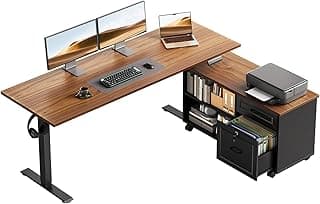 OffiGo 55 Inch L Shaped Electric Standing Desk with Drawers & File Cabinet Sets, Executive Sit Stand Desk, Height Adjustable Computer Desk for Home Office, Writing, Workstation, Walnut+Black