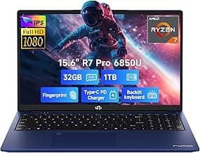 NIMO 15.6" FHD Light-Gaming-Laptop, 8 Cores AMD Ryzen 7 Pro 6850U 32GB LPDDR5 RAM 1TB SSD (Beat i7-1360P Up to 4.7GHz) GPU AMD Radeon 680M IPS Computer with 100W Type-C Backlit Keyboard Fingerprint