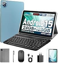 10 Inch Tablet, Android 15 with 24GB RAM + 128GB ROM (1TB Expandable), Octa-Core, 1280x800 IPS HD Touchscreen, 5MP+8MP Dual Camera, 6000mAh, Tablet with Keyboard, Mouse, Widevine L1(Blue)