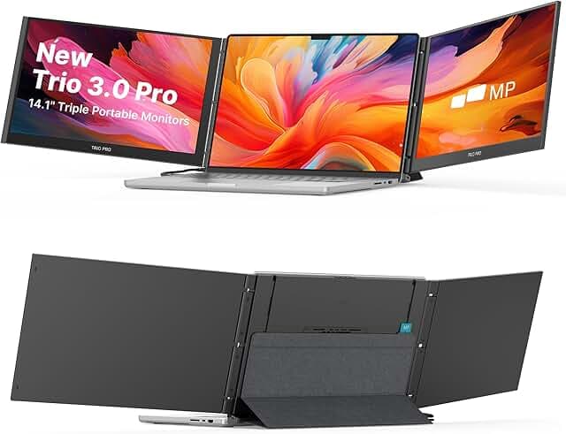 New Mobile Pixels Trio 3 Pro Triple Portable Monitor, 14.1" QHD 1400P Monitor with Built-in Kickstand, Expand to Triple Screens with USB-C, 65W Pass-Through Charging, Compatible with Mac & Windows
