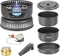 ALOCS Camping Cookware - 11 Piece Lightweight Camp Cooking Set with Portable Camping Stove & Gas Stove Burner - Durable Compact Camping Pot for Hiking Car Camping Vanlife RV
