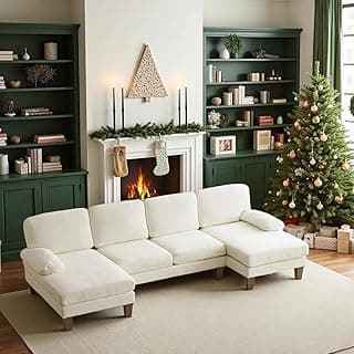 VINGLI 110" Sectional Couches for Living Room,U Shaped Couch with Double Chaise, 4-Seat Sofa Set with Chenille Fabric for Home Furniture,Beige