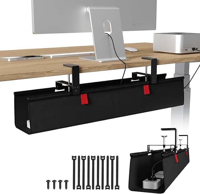KEEGH No Drill Under Desk Cable Management Tray - 28" Cord Management Under Desk - Clamp/Screw Mount - Support Upto 70lbs - Fabric Wire Management - Gaming/PC Cable Tray Cord Hiders for Office/Home