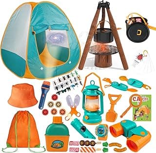 Kids Camping Set 50pcs with Tent & Space Projector Flashlight- Outdoor Campfire Toy Set for Toddlers Kids - Pretend Play Camp Gear Tools for Birthday Christmas