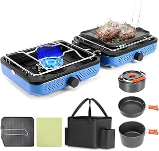 Hisencn Camping Stove,2 Burner Propane Camping Stove with Cookware Set,30,000 BTU Foldable Portable Gas Stove with Carry Bag,Outdoor Cooking Stove for Camping Gear,RV Essentials & Emergency,Blue