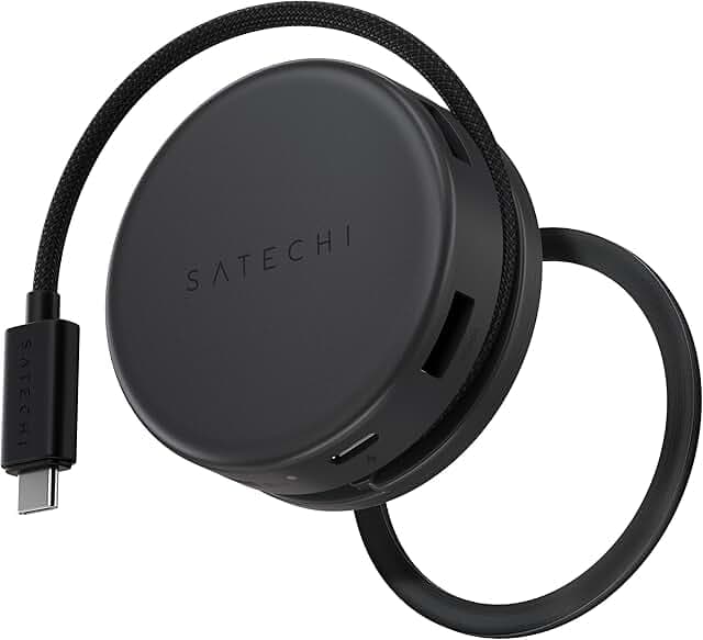 Satechi OntheGo™ 7-in-1 USB-C Hub, Compact Magnetic Multiport Adapter, 100W PD, HDMI 4K/60Hz, Gigabit Ethernet, 2×USB-A 5Gbps, SD/microSD Reader, Coiled Cable, for Mac & Windows – Space Black