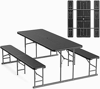 VINGLI Folding Picnic Table and Bench Set, Portable Outdoor Dining Furniture for Camping, Patio, Backyard, Wood Grain Plastic Top with Metal Frame (Black)