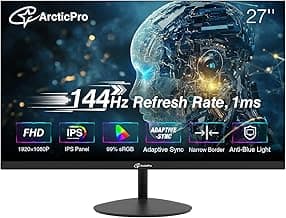 ArcticPro 27inch Computer Monitor, FHD 1080p, 144Hz Office and Gaming Monitor, IPS, Adaptive Sync, 110% sRGB, 1ms, 3-Sided Frameless, Ultra Slim, VESA Mountable, Anti-Blue Light Design, HDMI, DP