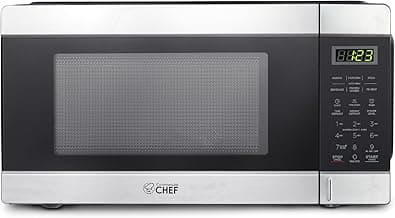 COMMERCIAL CHEF 1.1 Cu Ft Microwave with 10 Power Levels, Small Microwave with Push Button, 1000W Countertop Microwave with Kitchen Timer, Door Lock, & Digital Controls, Stainless Steel