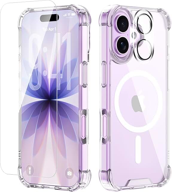 for iPhone 17 Case with Tempered Glass Screen Protector & Lens Protector, Compatible with MagSafe, Military-Grade 4-Corner Shockproof, Magnetic & Anti-Yellowing Clear Case