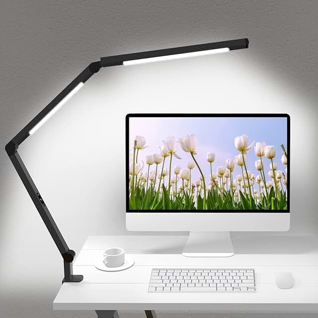 LED Desk Lamp with Clamp, Architect Desk Lamp with Dual Light and Adjustable Swing Arm, Clip-on Eye-Care 4 CCT Modes & 5 Brightness Levels Table Light Modern Computer Lighting for Home Office
