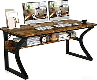 Computer Desk, 47'' Home Office Desks with Storage, Computer Desk with Metal Frame for Home Office Bedroom, Study Writing Desk with Shelf, Work Table for Small Spaces, Wood Desks with Cable Management