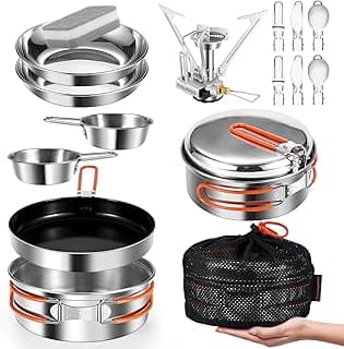 Odoland 10pcs Stainless Steel Camping Cookware Camping Pot and Pan Set with Portable Camping Stove Camping Mess Kit with Plates Bowls Forks Knives Spoons for Hiking Backpacking and Picnic