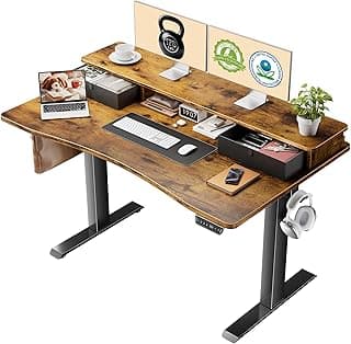 Veken 47.2"×27.6" Standing Desk with Storage Drawers, Adjustable Height Computer Table with Monitor Shelf, Home Office Desk for Study, Gaming, Workstation, Brown