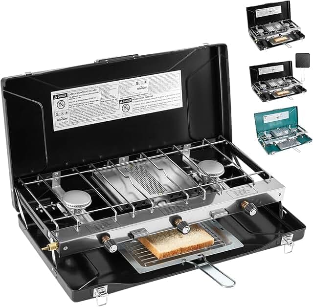 Camping Stove, 3 Burners Propane Portable Camp Stove with Regulator, Push-Button Instant Ignition, Adjustable Burners & Wind Guards for Car BBQ Picnics Outdoor Cooking (BLACK-20400 BTUs)